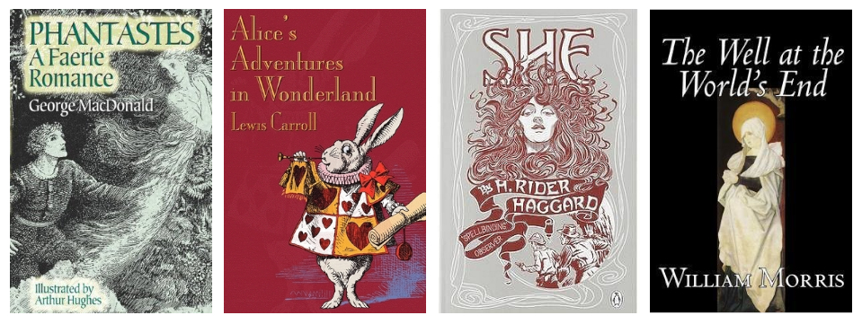 Book covers: Phantasies (Dover Publications, 2005), Alice's Adventures in Wonderland (Evertype, 2008), She (Penguin Books, 2007), The Well at the World's End (Aegypan, 2006).